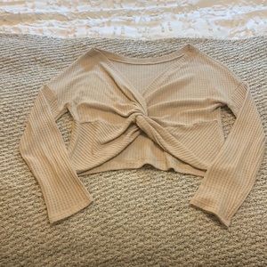 Long sleeve knot-front waffle top